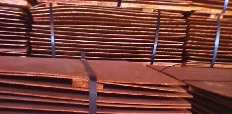 Strapped Grade A copper cathode sheets on pallets